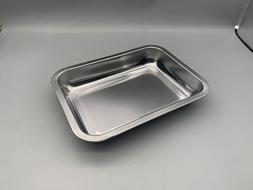 Stainless steel dissecting pan is easily cleaned and stackable.