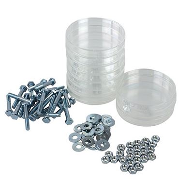 nuts, bolts, washes, petri dishes