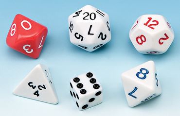 dice, mutli-sided dice, coins