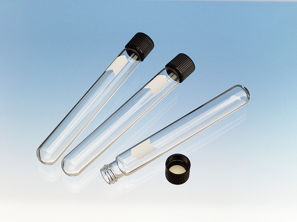 Laboratory glass test tubes in test tubes rack and chemical vials