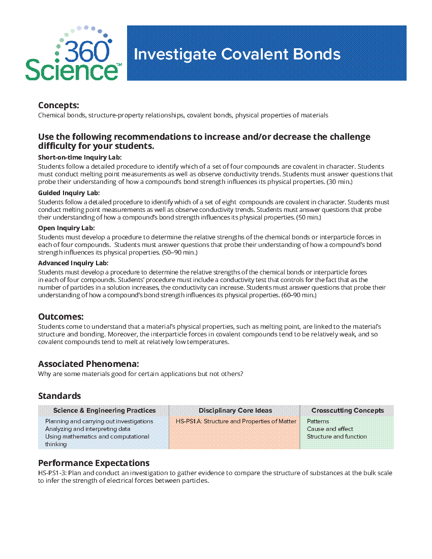 360Science™: Investigate Covalent Bonds | Flinn Scientific