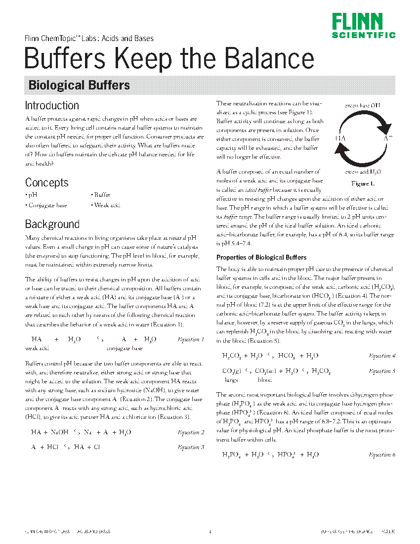 Buffers Keep the Balance Biological Buffers—ChemTopic™ Lab Activity