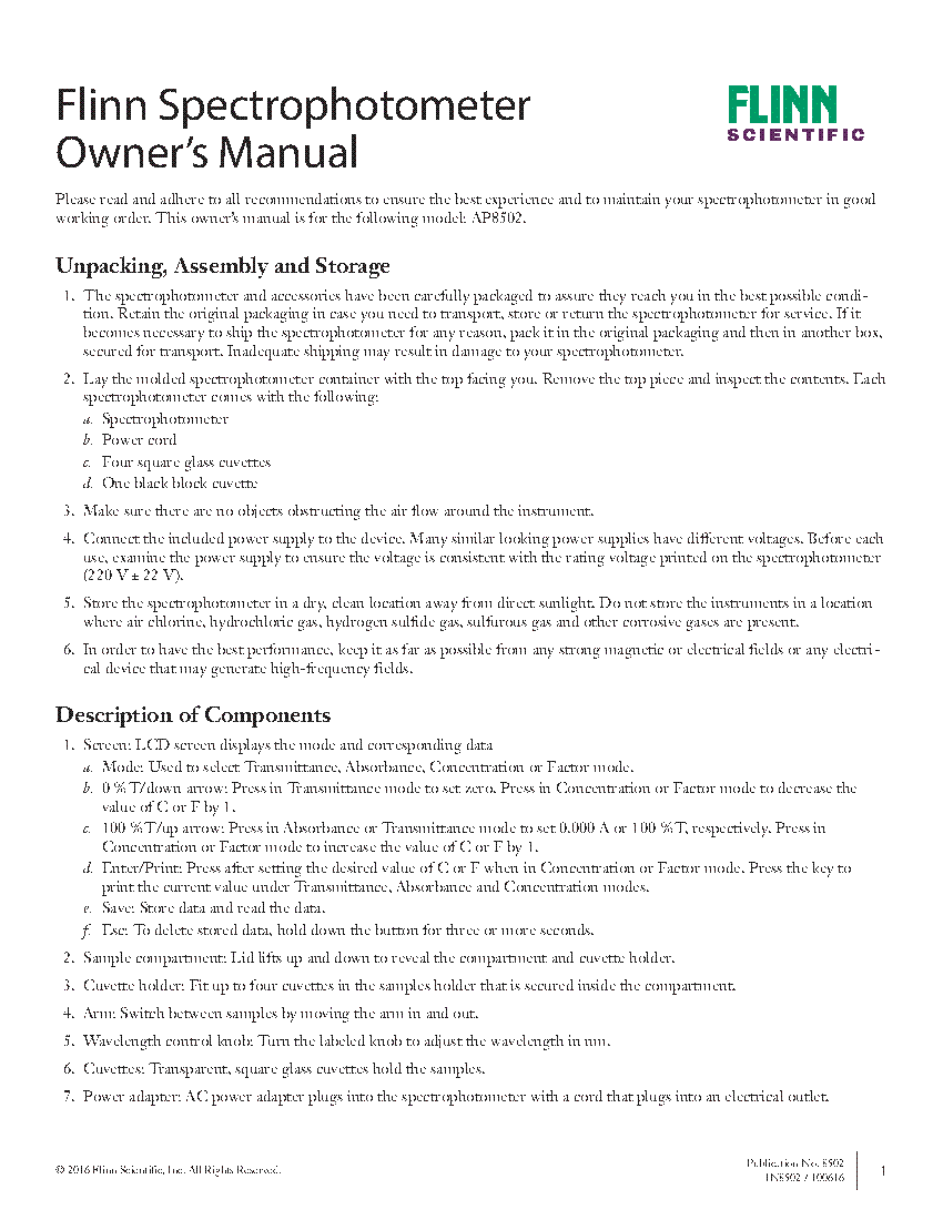 Flinn MultiSample Spectrophotometer Owner's Manual