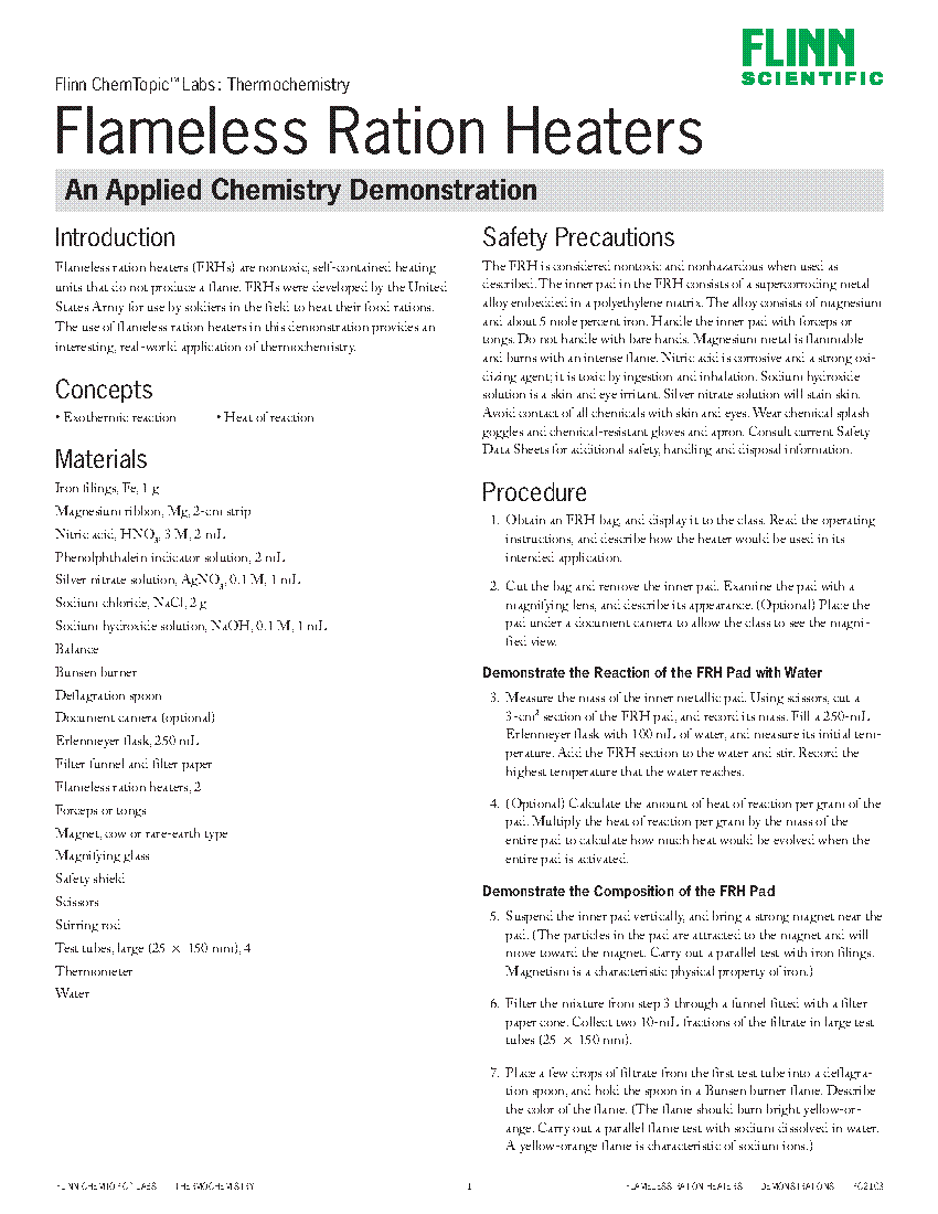 Flameless Ration Heaters An Applied Chemistry Demonstration—ChemTopic