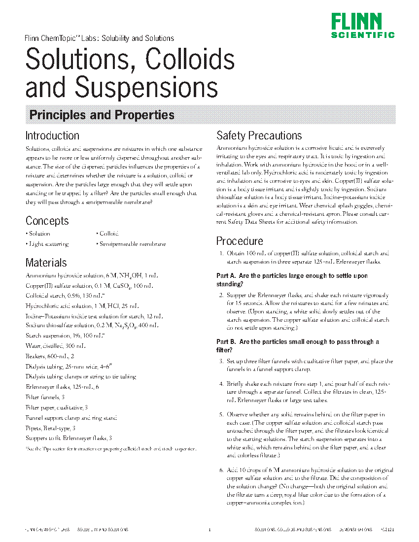Solutions, Colloids and Suspensions Principles and Properties