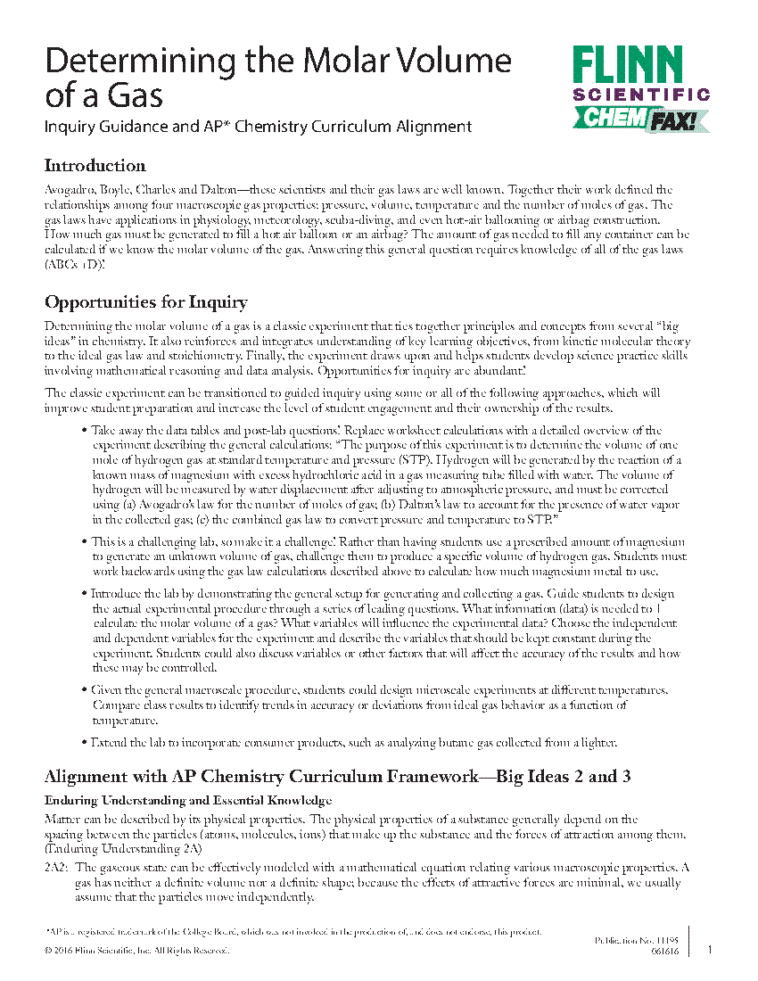 Molar Volume of a Gas Inquiry Guidance &amp; AP* Chemistry Curriculum 