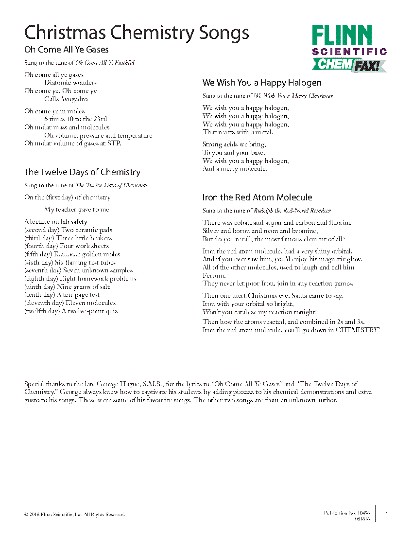 Christmas Chemistry Songs Flinn Scientific