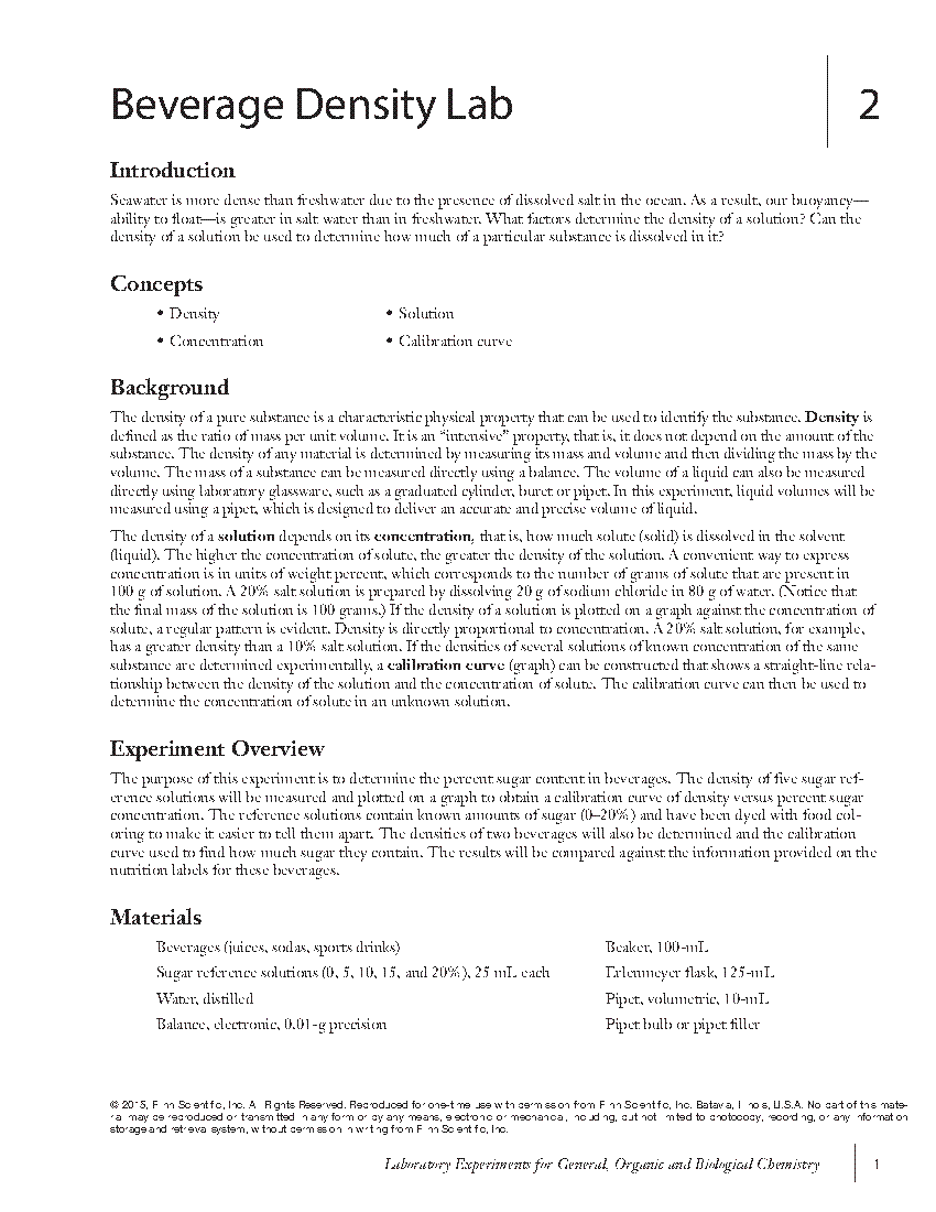 Beverage Density Sample Activity for GOB Flinn Lab Manual