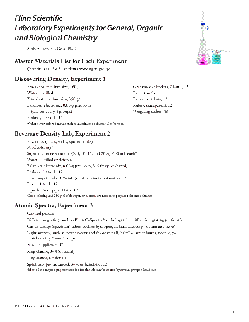 Master Materials List for GOB Flinn Lab Manual