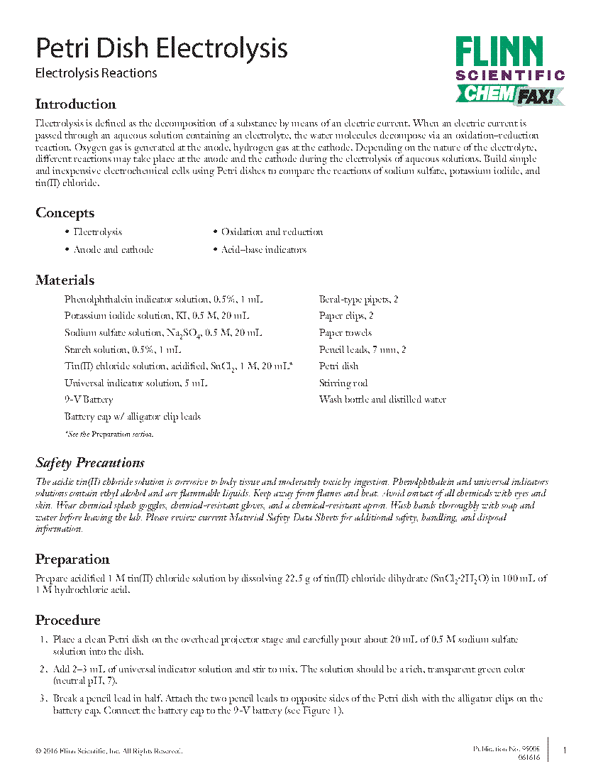 Petri Dish Electrolysis Flinn Scientific