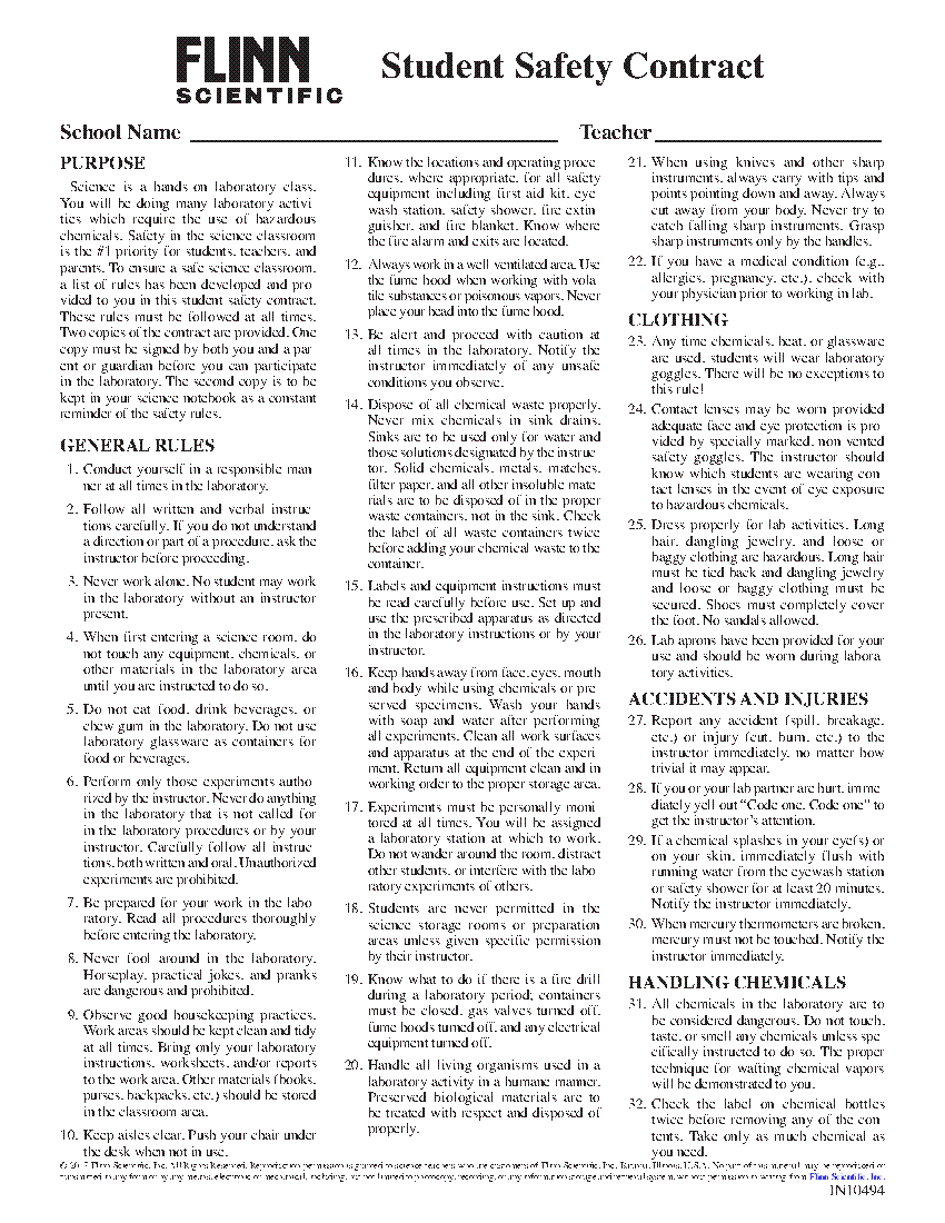 High School Student Safety Contract - English | Flinn Scientific