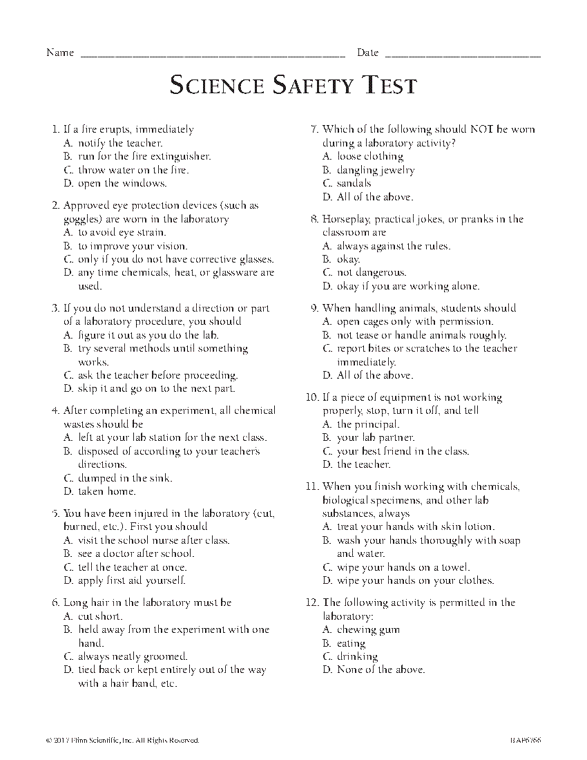 Middle School Safety Exam - English | Flinn Scientific