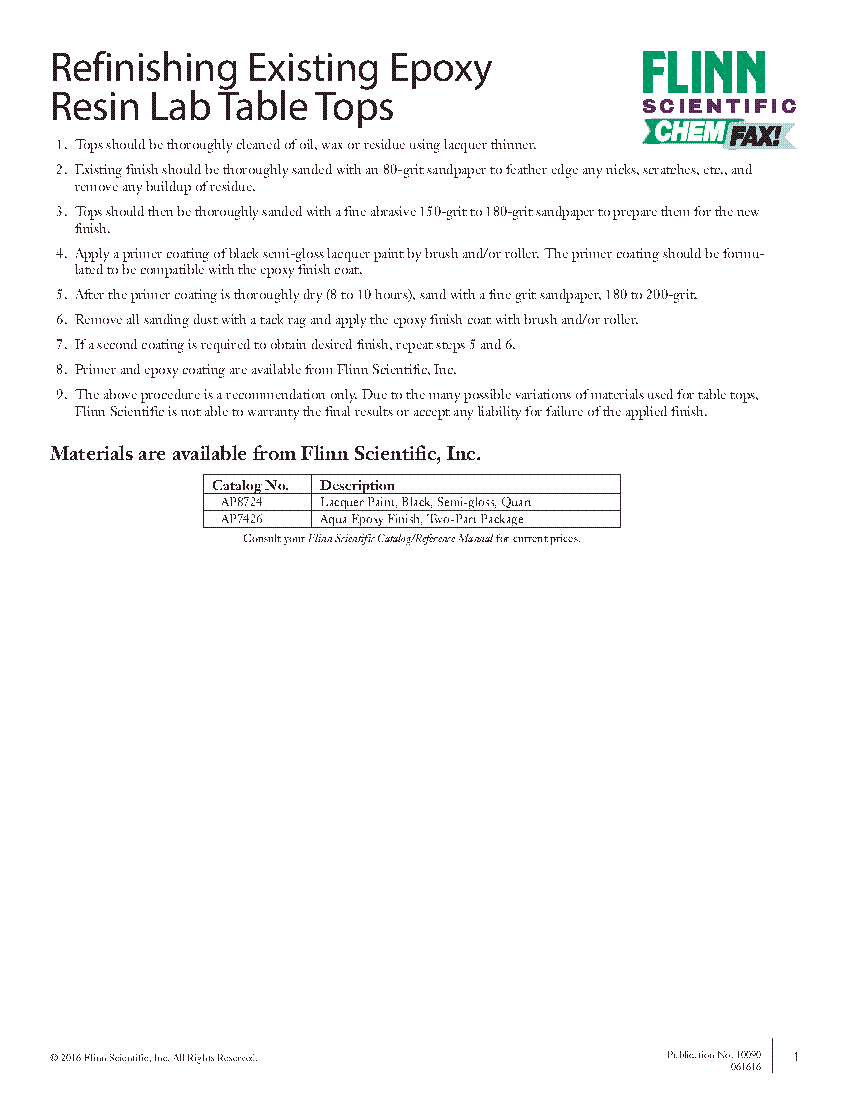 Refinishing Existing Epoxy Resin Lab Table Tops Flinn Scientific