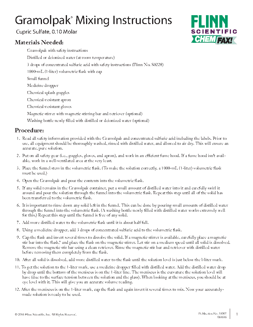 Gramolpak Mixing Instructions Cupric Sulfate Flinn Scientific
