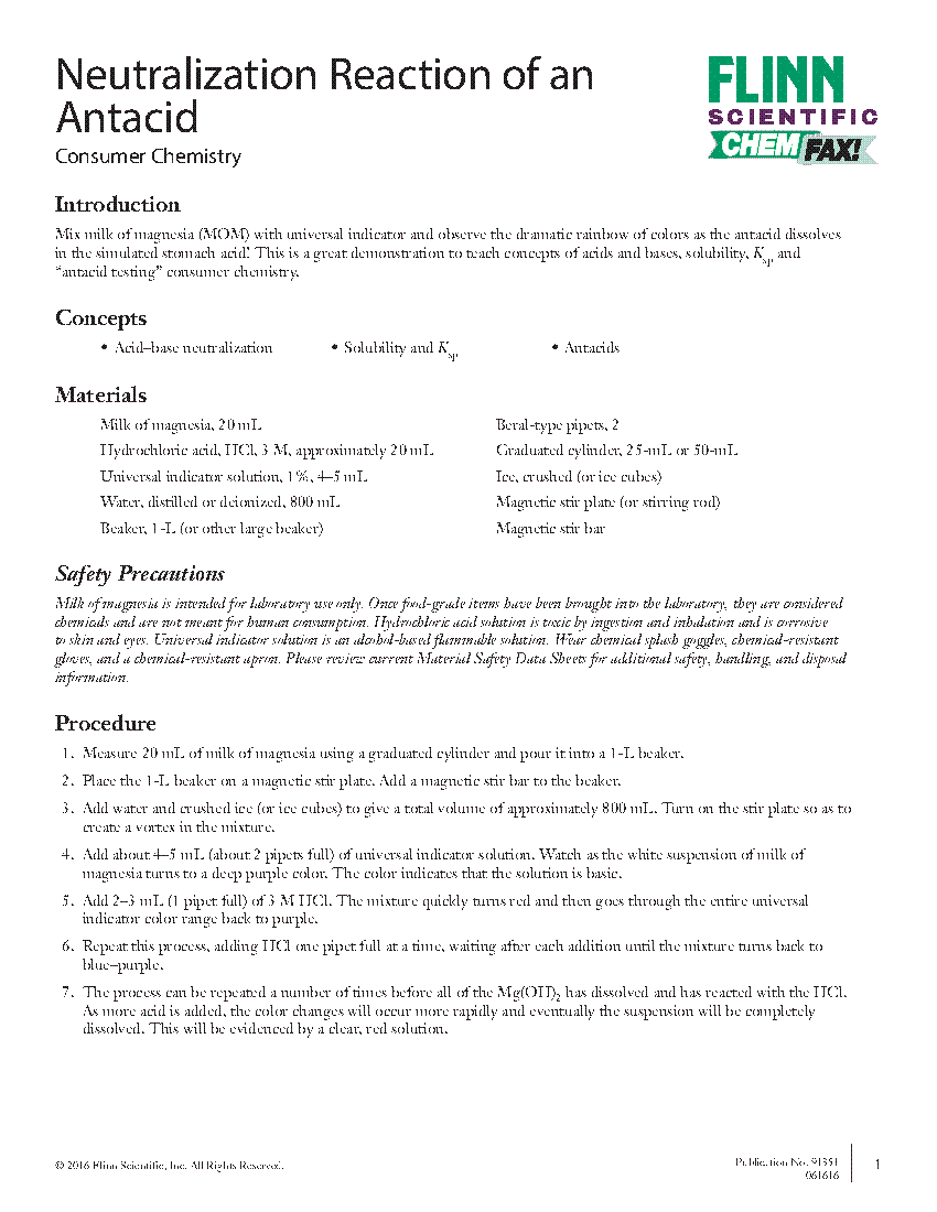 Neutralization Reaction of an Antacid Flinn Scientific