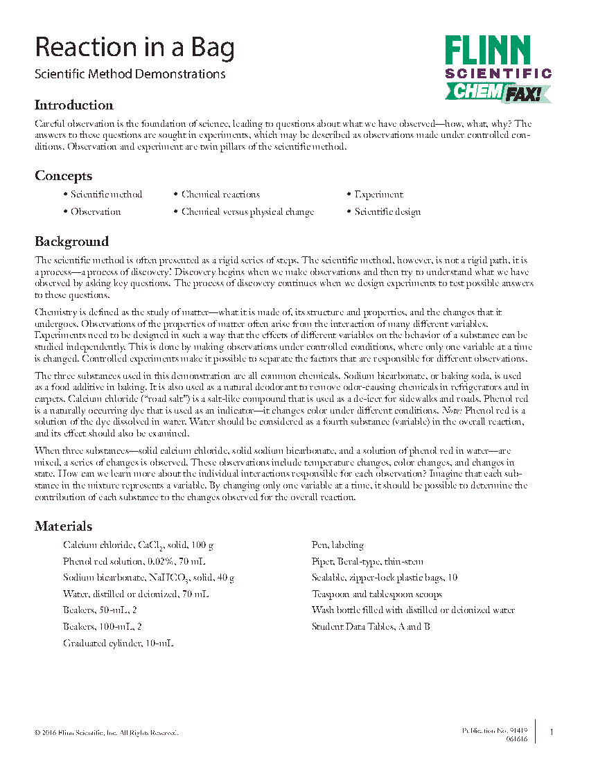 Reaction in a Bag Flinn Scientific