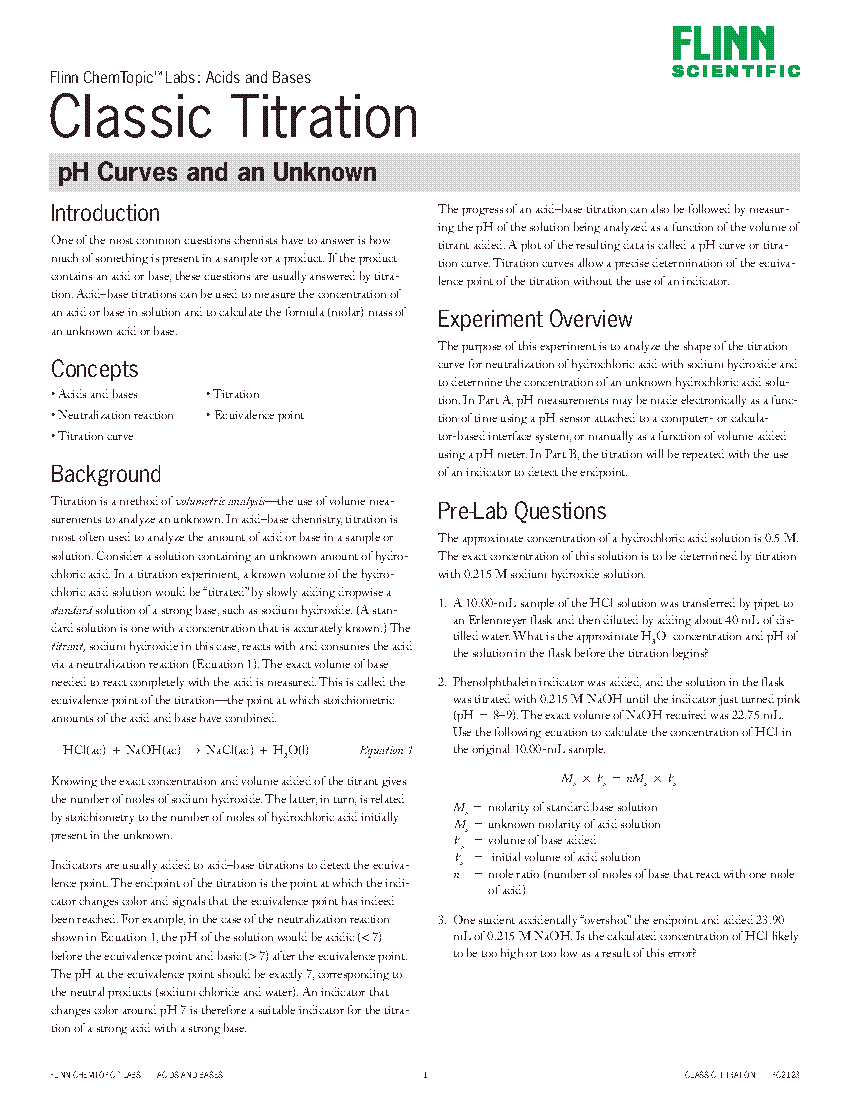 Classic Titration pH Curves and an Unknown—ChemTopic™ Lab Activity