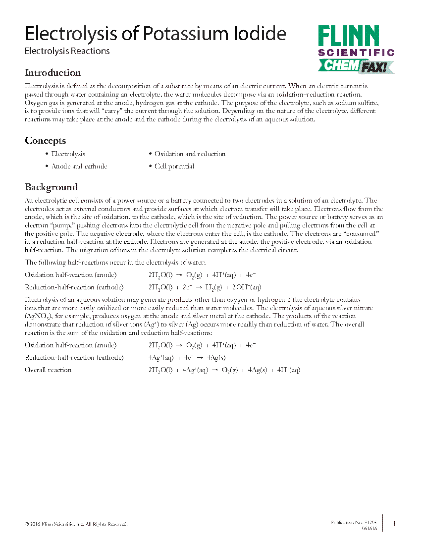 Electrolysis of Potassium Iodide Flinn Scientific