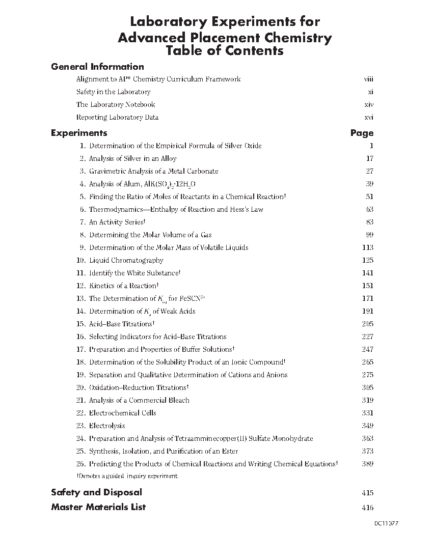 Table of Contents Laboratory Experiments for Advanced Placement