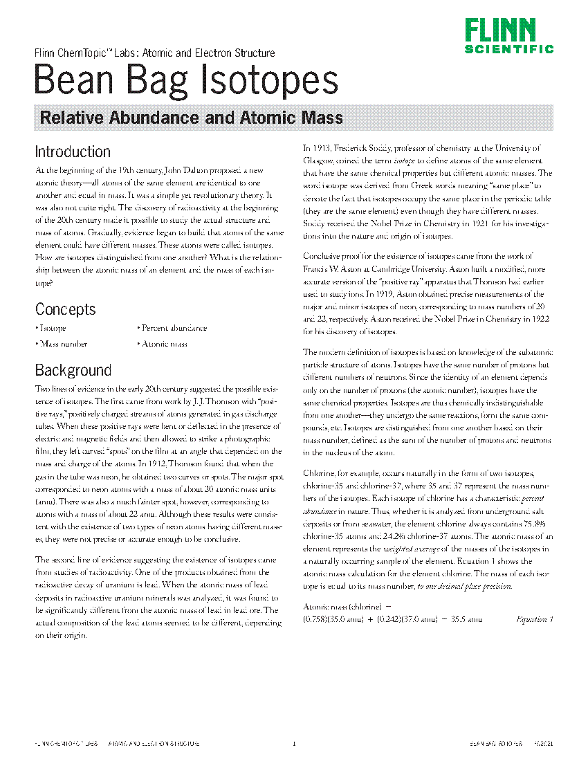 Bean Bag Isotopes Relative Abundance and Atomic Mass—ChemTopic™ Lab