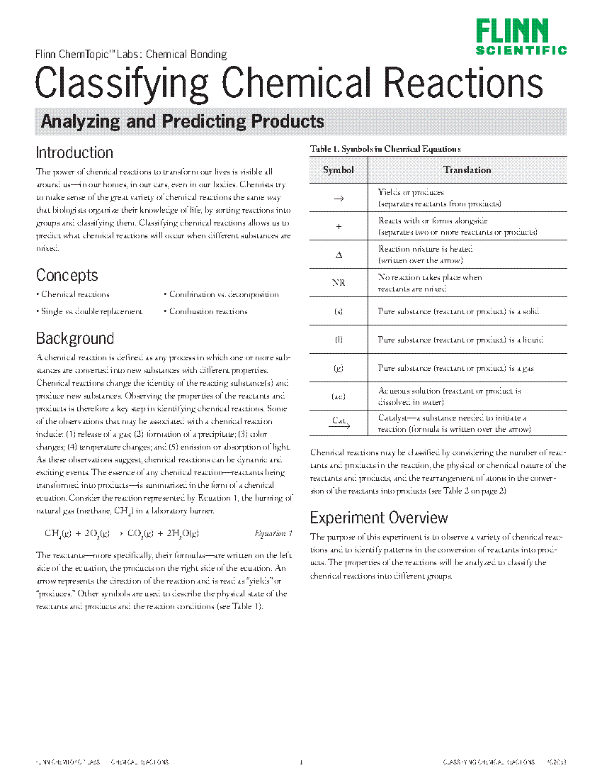 Classifying Chemical Reactions: Analyzing and Predicting Products Regarding Classifying Chemical Reactions Worksheet Answers