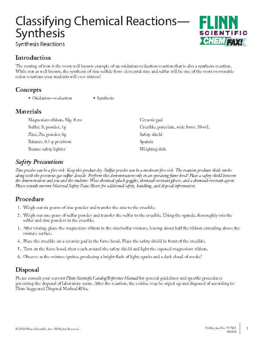 Classifying Chemical Reactions Synthesis Flinn Scientific