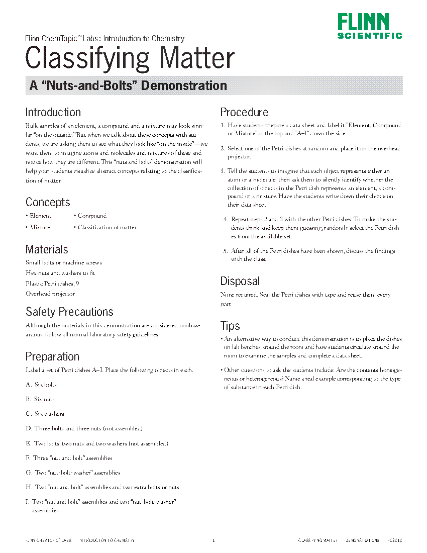 Classifying Matter A “NutsandBolts” Demonstration—ChemTopic™ Lab Activity Flinn Scientific