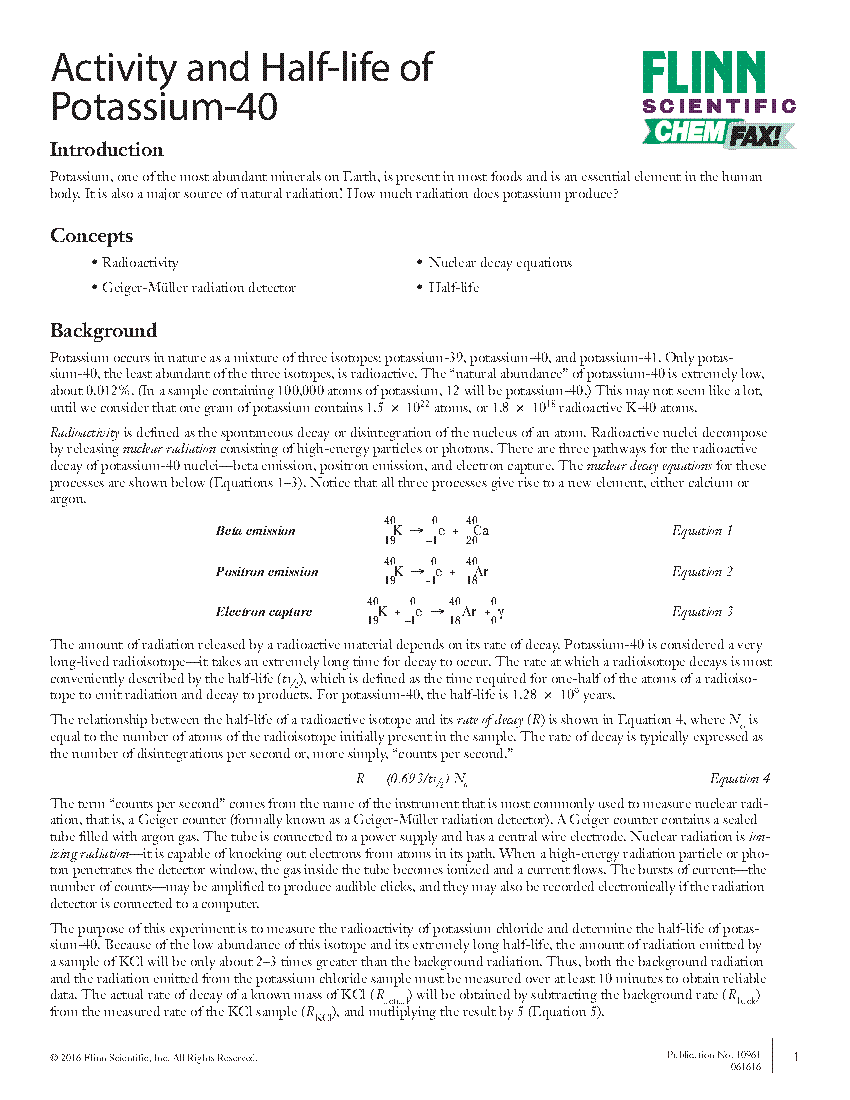 Activity and Halflife of Potassium40 Flinn Scientific