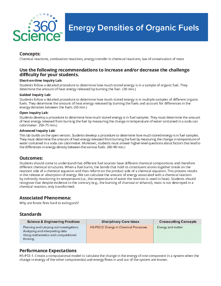 360Science™: Energy Densities of Organic Fuels | Flinn Scientific