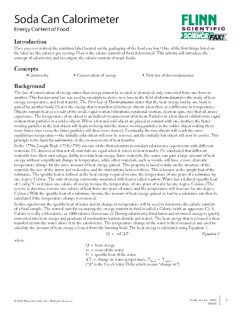 Soda Can Calorimeter Flinn Scientific