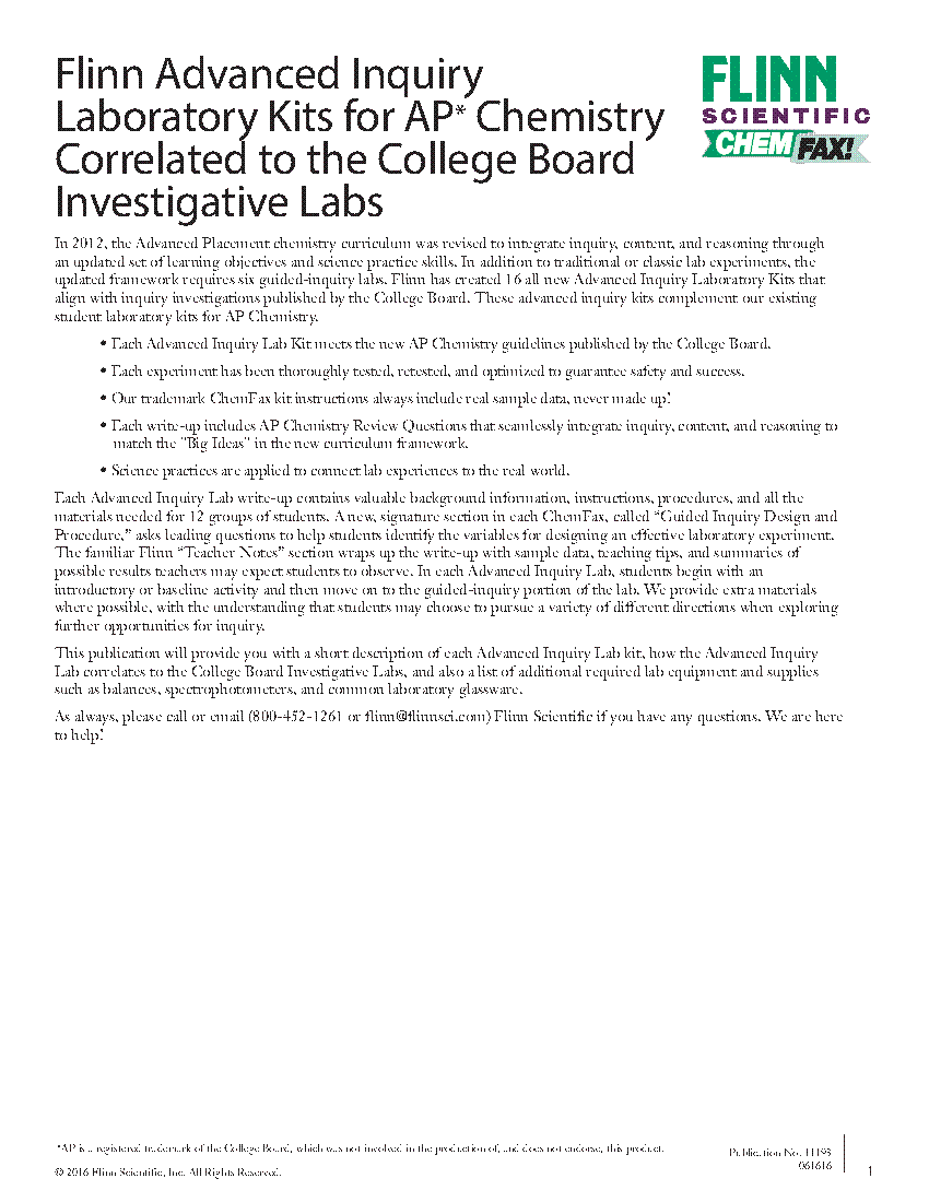 Flinn Advanced Inquiry Laboratory Kits for AP* Chemistry Flinn Scientific
